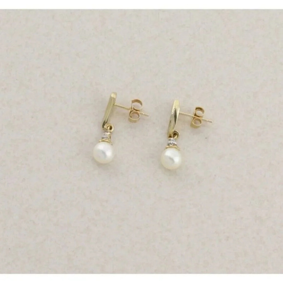 10k Yellow Gold Freshwater Pearl Earrings Dangle Drop - Picture 3 of 9